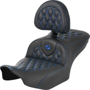 SADDLEMEN RoadSofa Seat - with Backrest - Carbon Fiber - Lattice Stitch - Blue Stitch - FLTR/FLHX '23-'24 - 823-07-206B1 - PartsOutlet.com.au