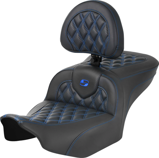 SADDLEMEN RoadSofa Seat - with Backrest - Carbon Fiber - Lattice Stitch - Blue Stitch - FLTR/FLHX '23-'24 - 823-07-206B1 - PartsOutlet.com.au