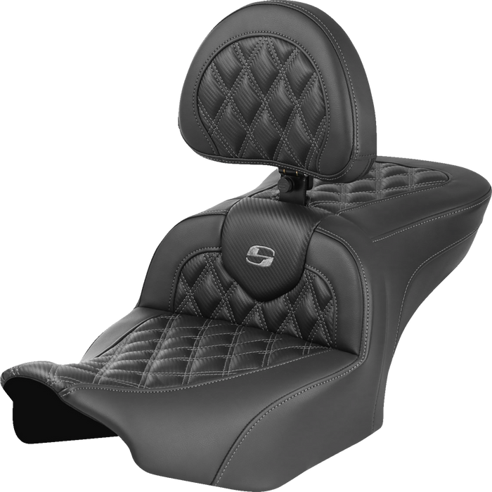 SADDLEMEN RoadSofa Seat - with Backrest - Carbon Fiber - Lattice Stitch - Gray Stitch - FLTR/FLHX '23-'24 - 823-07-206B2 - PartsOutlet.com.au