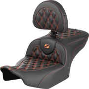 SADDLEMEN RoadSofa Seat - with Backrest - Carbon Fiber - Lattice Stitch - Orange Stitch - FLTR/FLHX '23-'24 - 823-07-206B3 - PartsOutlet.com.au