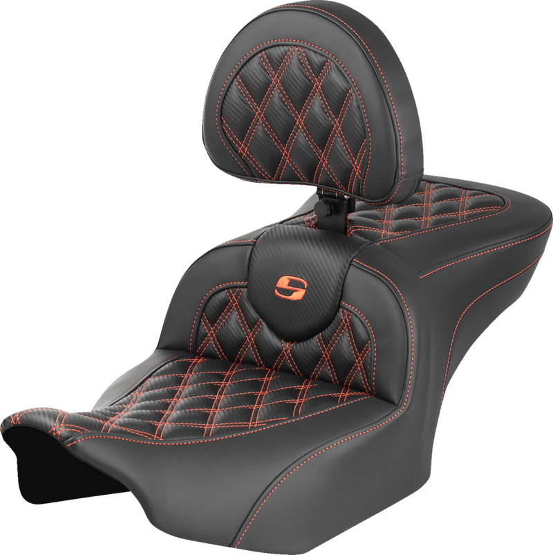 SADDLEMEN RoadSofa Seat - with Backrest - Carbon Fiber - Lattice Stitch - Orange Stitch - FLTR/FLHX '23-'24 - 823-07-206B3 - PartsOutlet.com.au