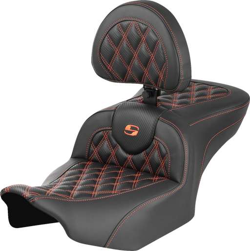 SADDLEMEN RoadSofa Seat - with Backrest - Carbon Fiber - Lattice Stitch - Orange Stitch - FLTR/FLHX '23-'24 - 823-07-206B3 - PartsOutlet.com.au