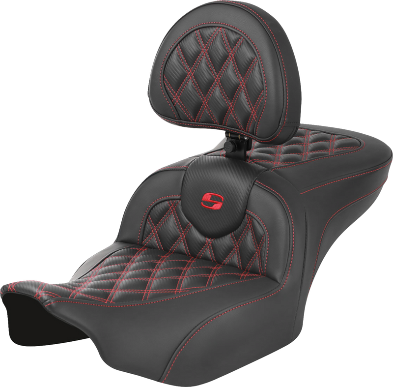 SADDLEMEN RoadSofa Seat - with Backrest - Carbon Fiber - Lattice Stitch - Red Stitch - FLTR/FLHX '23-'24 - 823-07-206B4 - PartsOutlet.com.au