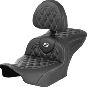 SADDLEMEN RoadSofa Seat - with Backrest - Carbon Fiber - Lattice Stitch - White Stitch - FLTR/FLHX '23-'24 - 823-07-206B6 - PartsOutlet.com.au