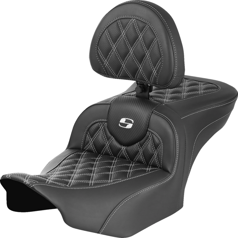 SADDLEMEN RoadSofa Seat - with Backrest - Carbon Fiber - Lattice Stitch - White Stitch - FLTR/FLHX '23-'24 - 823-07-206B6 - PartsOutlet.com.au