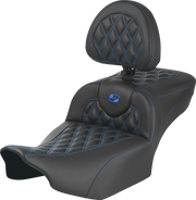 SADDLEMEN Roadsofa Extended Reach Seat - with Backrest - Lattice Stitch - Blue Stitch - FLTR/FLHX '23-'24 - 823-07-207B1 - PartsOutlet.com.au