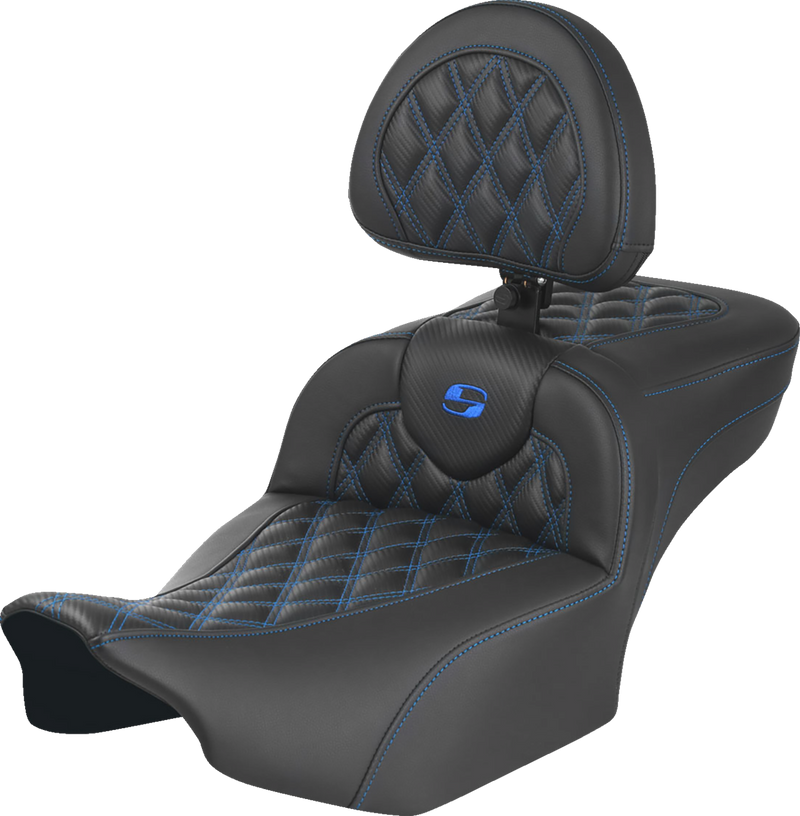 SADDLEMEN Roadsofa Extended Reach Seat - with Backrest - Lattice Stitch - Blue Stitch - FLTR/FLHX '23-'24 - 823-07-207B1 - PartsOutlet.com.au