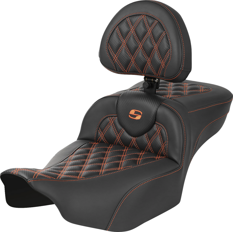SADDLEMEN Roadsofa Extended Reach Seat - with Backrest - Lattice Stitch - Orange Stitch - FLTR/FLHX '23-'24 - 823-07-207B3 - PartsOutlet.com.au