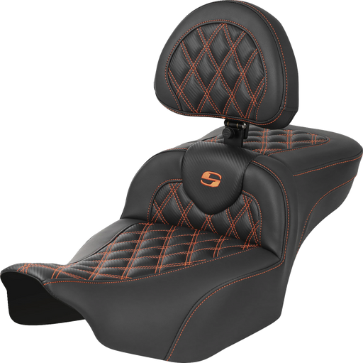 SADDLEMEN Roadsofa Extended Reach Seat - with Backrest - Lattice Stitch - Orange Stitch - FLTR/FLHX '23-'24 - 823-07-207B3 - PartsOutlet.com.au