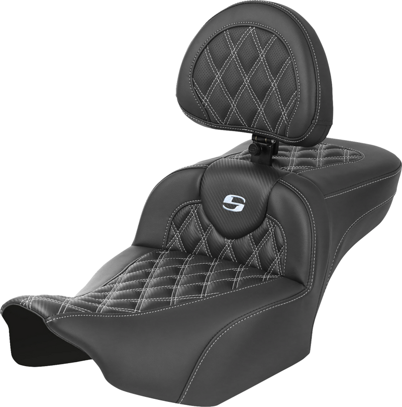 SADDLEMEN Roadsofa Extended Reach Seat - with Backrest - Lattice Stitch - Silver Stitch - FLTR/FLHX '23-'24 - 823-07-207B5 - PartsOutlet.com.au