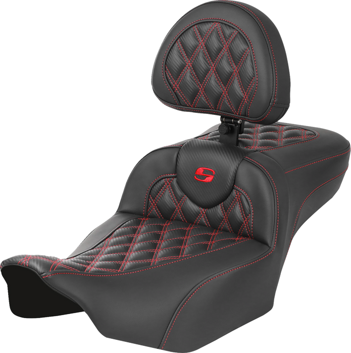 SADDLEMEN Roadsofa Extended Reach Seat - with Backrest - Lattice Stitch - Red Stitch - FLTR/FLHX '23-'24 - 823-07-207B4 - PartsOutlet.com.au