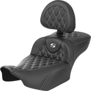 SADDLEMEN Roadsofa Extended Reach Seat - with Backrest - Lattice Stitch - White Stitch - FLTR/FLHX '23-'24 - 823-07-207B6 - PartsOutlet.com.au