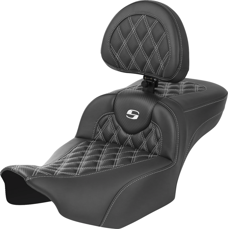 SADDLEMEN Roadsofa Extended Reach Seat - with Backrest - Lattice Stitch - White Stitch - FLTR/FLHX '23-'24 - 823-07-207B6 - PartsOutlet.com.au