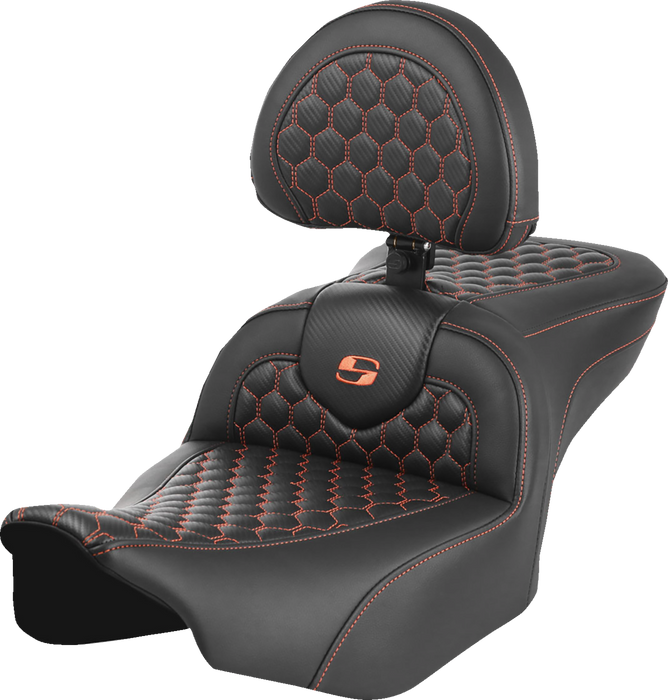 SADDLEMEN Roadsofa Seat - with Backrest - Honeycomb - Orange Stitch - FLTR/FLHX '23-'24 - 823-07-189B3 - PartsOutlet.com.au