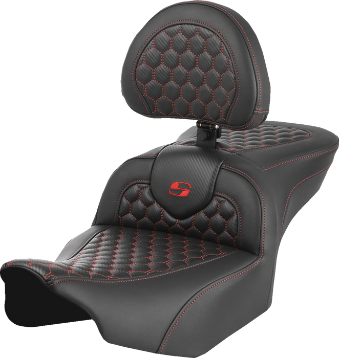 SADDLEMEN Roadsofa Seat - with Backrest - Honeycomb - Red Stitch - FLTR/FLHX '23-'24 - 823-07-189B4 - PartsOutlet.com.au