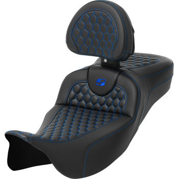 SADDLEMEN RoadSofa Seat - Honeycomb - Blue Stitch - with Backrest - FLH/FLT '08-'23 A808-07R-189BLU - PartsOutlet.com.au