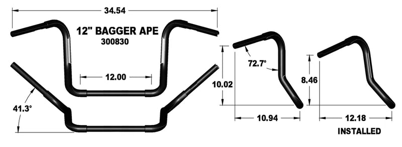 KHROME WERKS Handlebar - 1-1/4" Fat Ape Hanger - 12" - TBW - Black - FL '96-'22 - 300830