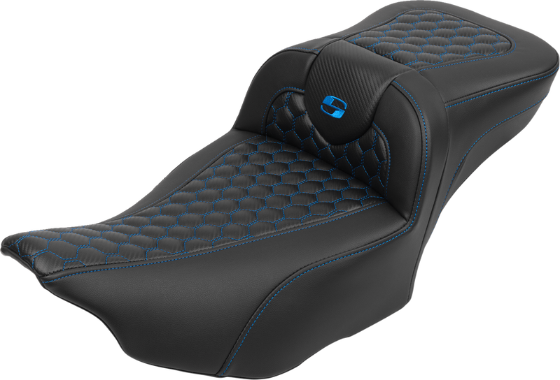 SADDLEMEN Roadsofa* Extended Reach Seat - with Backrest - Honeycomb - Blue Stitch - FLTR/FLHX '23-'24 823-07-190B1