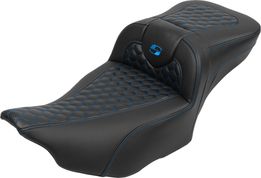 SADDLEMEN Roadsofa* Extended Reach Seat - with Backrest - Honeycomb - Blue Stitch - FLTR/FLHX '23-'24 823-07-190B1