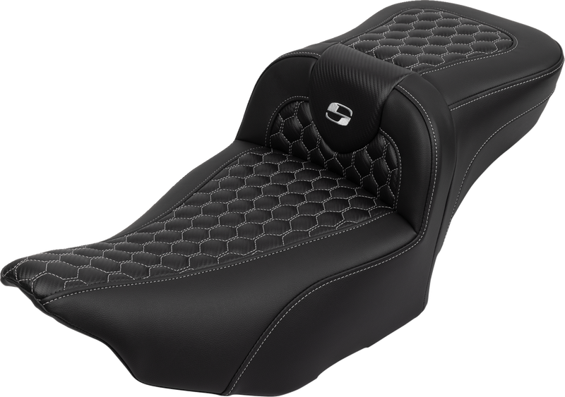 SADDLEMEN Roadsofa* Extended Reach Seat - with Backrest - Honeycomb - Silver Stitch - FLTR/FLHX '23-'24 823-07-190B5