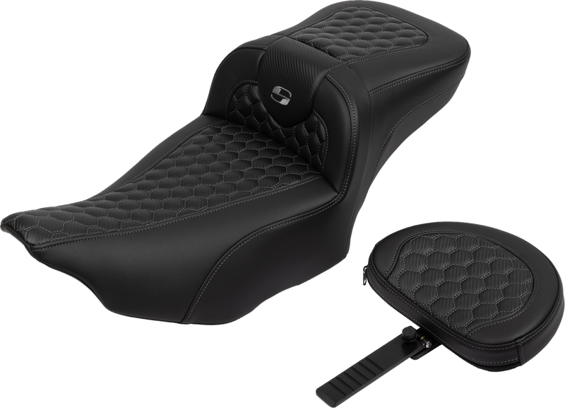 SADDLEMEN Roadsofa* Extended Reach Seat - with Backrest - Honeycomb - Dark Gray Stitch - FLTR/FLHX '23-'24 823-07-190B2