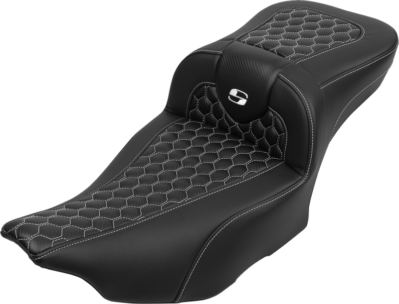 SADDLEMEN Roadsofa* Extended Reach Seat - with Backrest - Honeycomb - White Stitch - FLTR/FLHX '23-'24 823-07-190B6