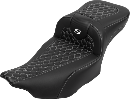 SADDLEMEN Roadsofa* Extended Reach Seat - with Backrest - Honeycomb - White Stitch - FLTR/FLHX '23-'24 823-07-190B6