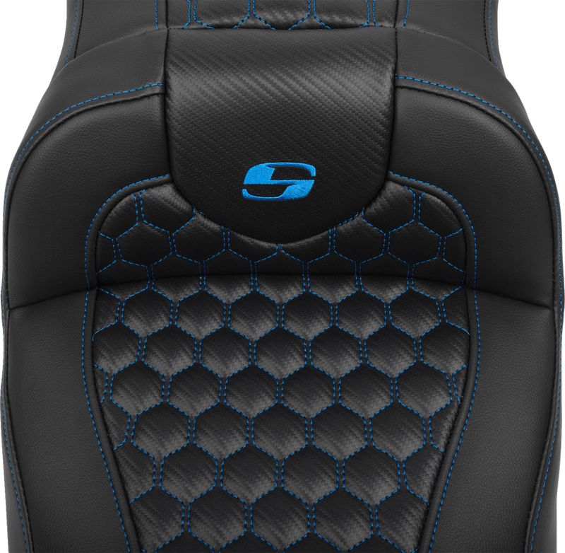 SADDLEMEN Roadsofa* Extended Reach Seat - with Backrest - Honeycomb - Blue Stitch - FLTR/FLHX '23-'24 823-07-190B1