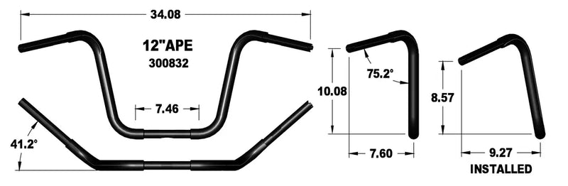 KHROME WERKS Handlebar - Fat Ape Hanger - 12" - TBW - Black - Harley-Davidson '96-'21 - 300832