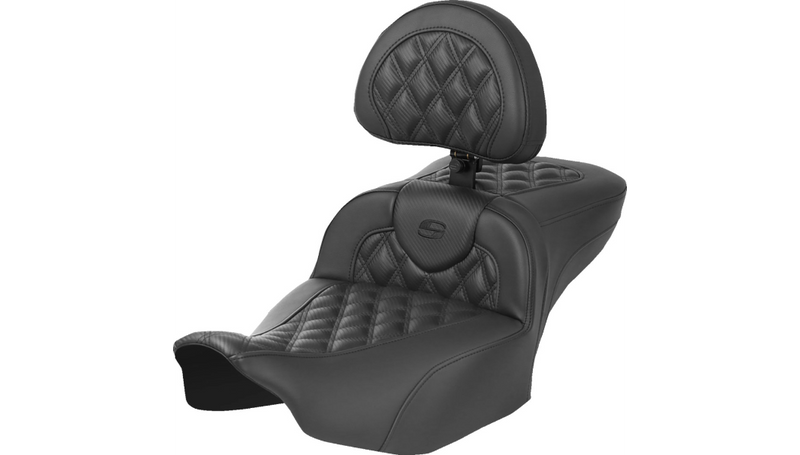 SADDLEMEN Heated RoadSofa Seat - Exended Reach - Lattice Stitch - w/ Backrest - FLT/FLH '23-'25 - 823-07-207C0