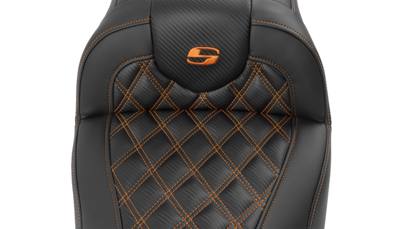SADDLEMEN RoadSofa Seat - with Backrest - Carbon Fiber - Lattice Stitch - Orange Stitch - FLTR/FLHX '23-'25 - 823-07-206B3