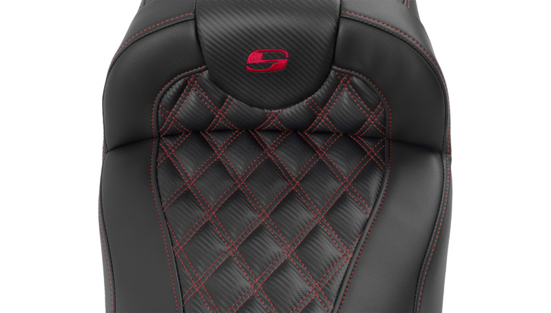 SADDLEMEN Roadsofa Extended Reach Seat - with Backrest - Lattice Stitch w/ Carbon - Red Stitch - FLTR/FLHX '23-'25 - 823-07-207B4