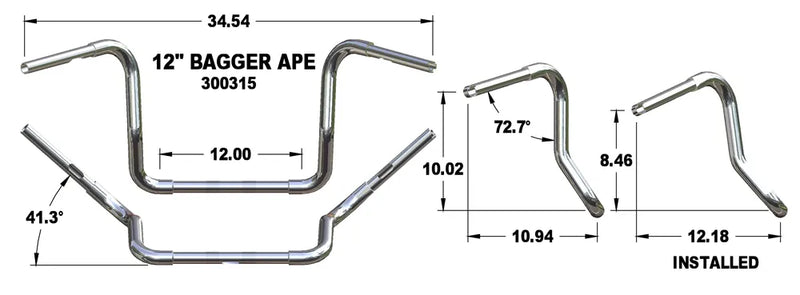 KHROME WERKS Handlebar - Fat Ape Hanger - 12" - TBW - Chrome - FL '96-'22 - 300315