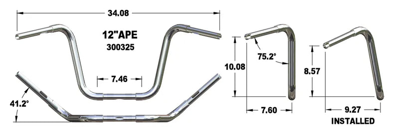 KHROME WERKS Handlebar - Fat Ape Hanger - 12" - 1-1/4" - TBW - Chrome - Harley-Davidson '96-'22 - 300325