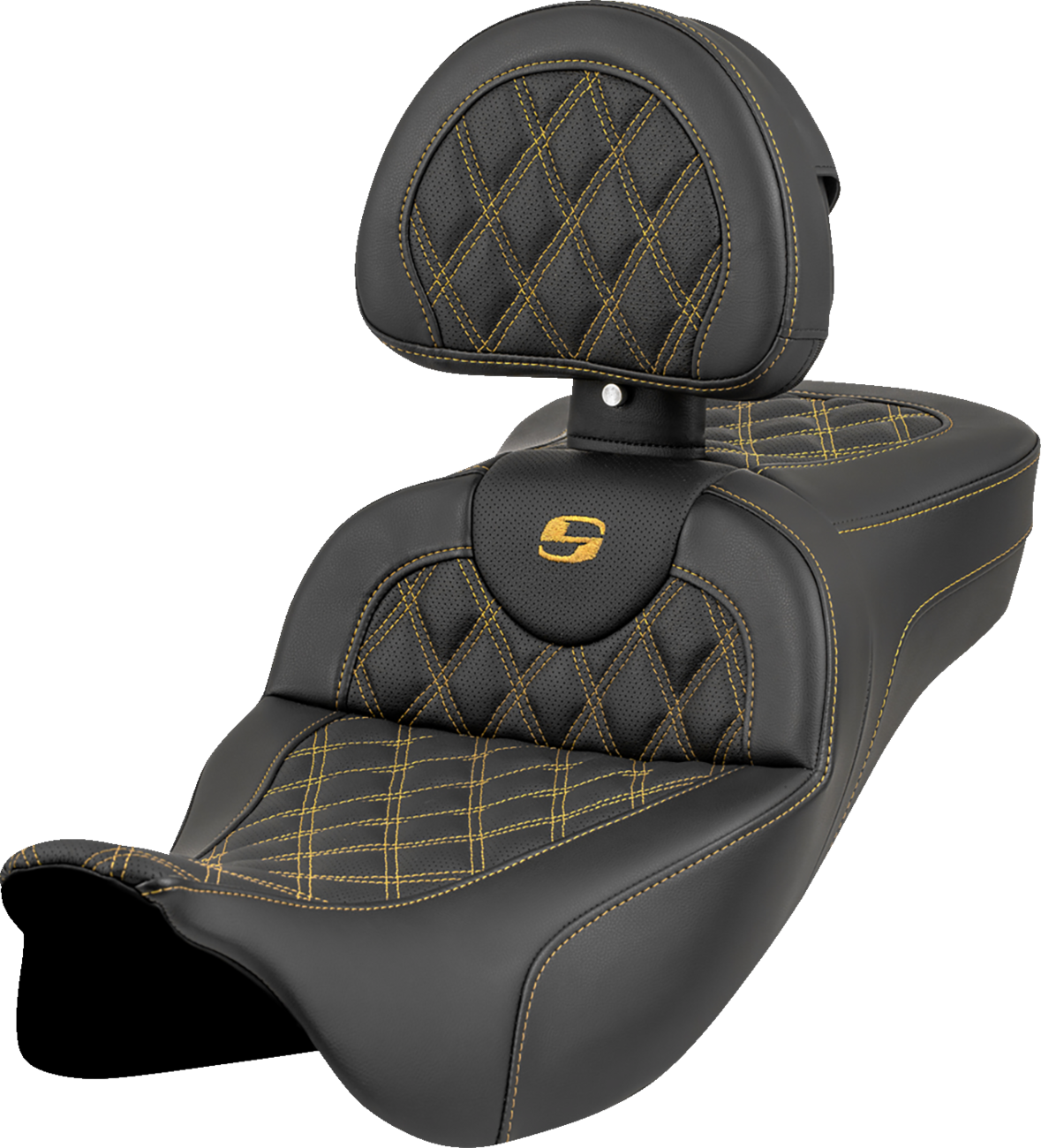 SADDLEMEN Roadsofa* Extended Reach Seat - Lattice Stitch - Gold Stitch - with Backrest - FL '08-'23 808-07B-184B7