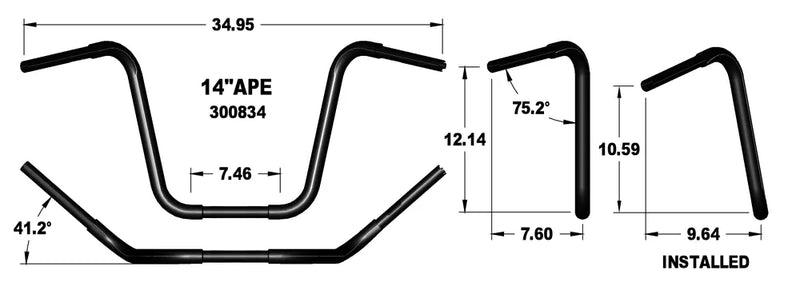 KHROME WERKS Handlebar - Fat Ape Hanger - 14" - TBW - 1-1/4" - Black - Harley-Davidson '96-'22 - 300834