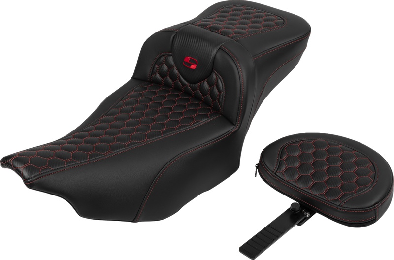 SADDLEMEN Roadsofa* Extended Reach Seat - with Backrest - Honeycomb - Red Stitch - FLTR/FLHX '23-'24 823-07-190B4