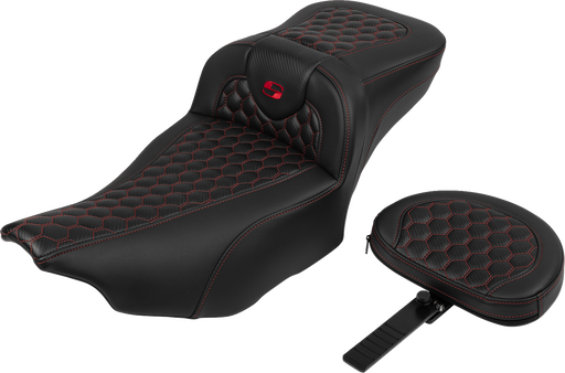 SADDLEMEN Roadsofa* Extended Reach Seat - with Backrest - Honeycomb - Red Stitch - FLTR/FLHX '23-'24 823-07-190B4
