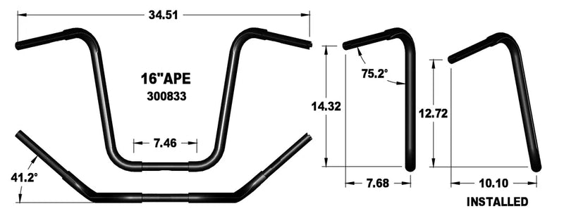 KHROME WERKS Handlebar - Fat Ape Hanger - 16" - TBW - 1-1/4" - Black - Harley-Davidson '96-'22 - 300833