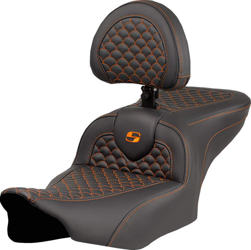 SADDLEMEN Roadsofa* Seat - Dragon Scale Stitch - Orange Stitch - w/ Backrest - FLTR/FLHX '23-'24 823-07-208B3