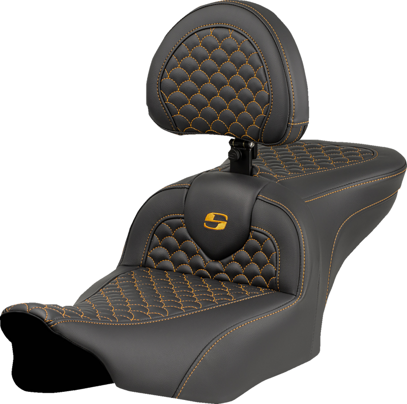 SADDLEMEN Roadsofa* Seat - Dragon Scale Stitch - Gold Stitch - w/ Backrest - FLTR/FLHX '23-'24 823-07-208B7