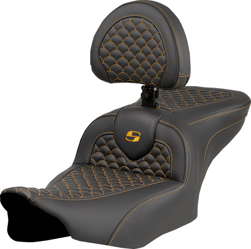 SADDLEMEN Roadsofa* Seat - Dragon Scale Stitch - Gold Stitch - w/ Backrest - FLTR/FLHX '23-'24 823-07-208B7