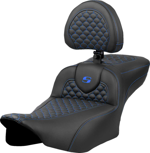 SADDLEMEN Roadsofa* Extended Reach Seat - Dragon Scale Stitch - Blue Stitch - w/ Backrest - FLTR/FLHX '23-'24 823-07-209B1