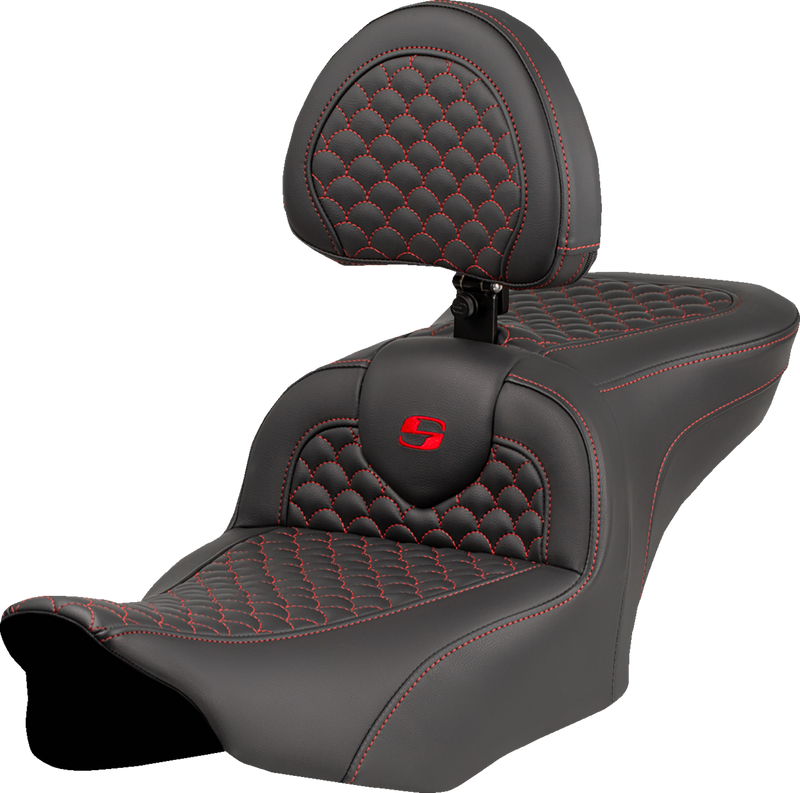 SADDLEMEN Roadsofa* Seat - Dragon Scale Stitch - Red Stitch - w/ Backrest - FLTR/FLHX '23-'24 823-07-208B4