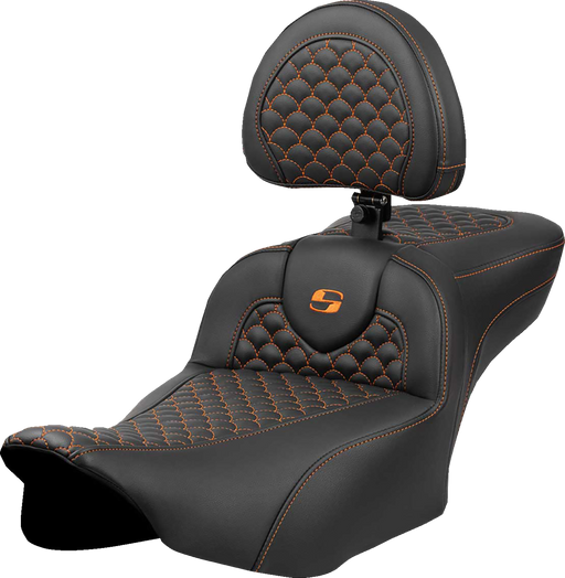 SADDLEMEN Roadsofa* Extended Reach Seat - Dragon Scale Stitch - Orange Stitch - w/ Backrest - FLT/FLH '23-'24 823-07-209B3
