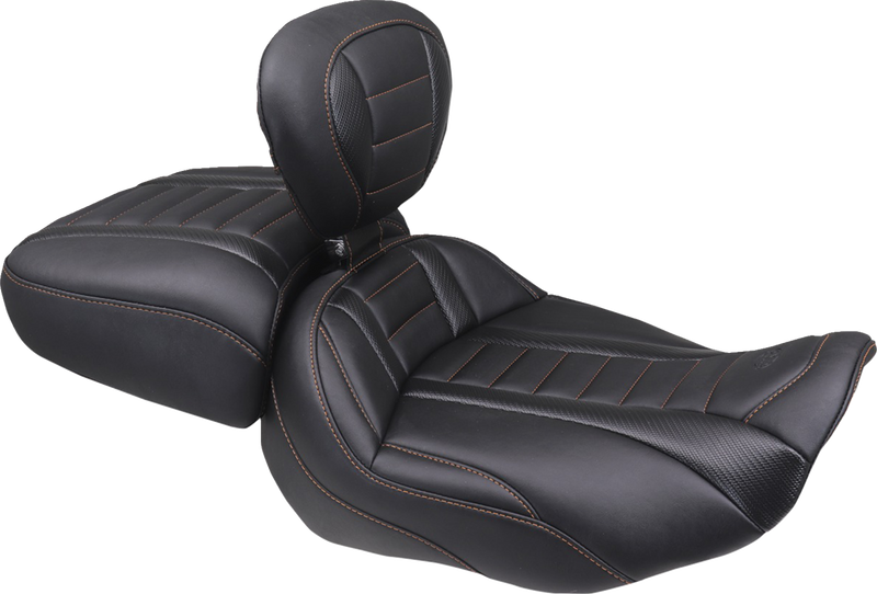 MUSTANG Deluxe Touring Solo Seat - w/ Backrest - Mandarin Orange Stitch - FLT/FLH '23-'25 89401MO