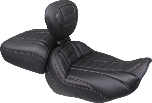 MUSTANG Deluxe Touring Solo Seat - w/ Backrest - Mandarin Orange Stitch - FLT/FLH '23-'25 89401MO