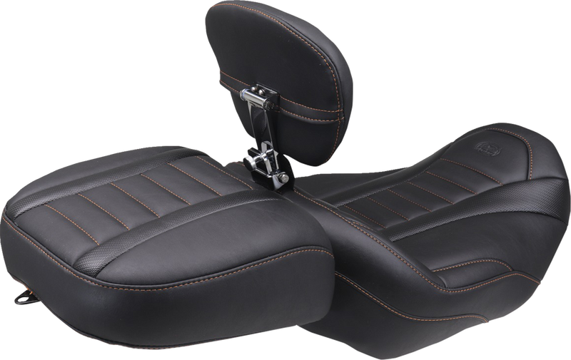 MUSTANG Deluxe Touring Solo Seat - w/ Backrest - Mandarin Orange Stitch - FLT/FLH '23-'25 89401MO