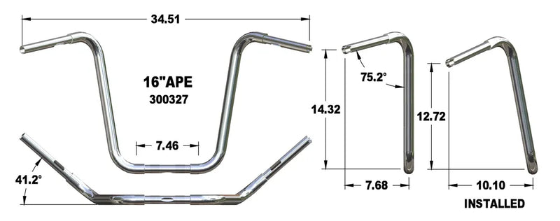 KHROME WERKS Handlebar - Fat Ape Hanger - 16" - TBW - 1-1/4" - Chrome - Harley-Davidson '96-'22 - 300327