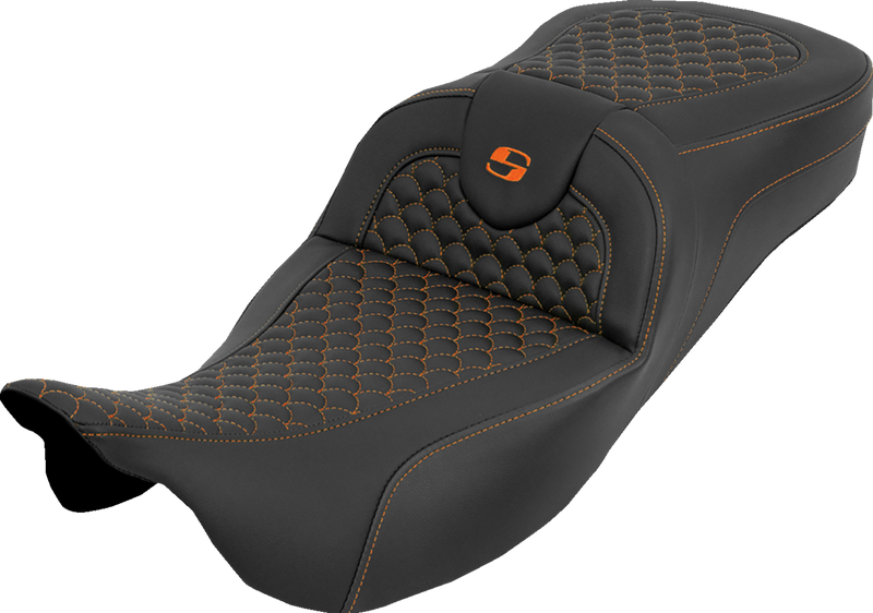 SADDLEMEN Extended Reach RoadSofa™ Seat - Dragon Scale - w/o Backrest - Orange Stitch - FLH/FLT '08-'25 808-07B-20903